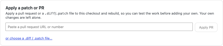 The Apply a patch or PR panel, with a field for a pull request URL and a link to choose a patch file