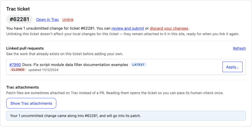 The Trac ticket card after the carry, with a blue notice confirming the edits came along into the ticket