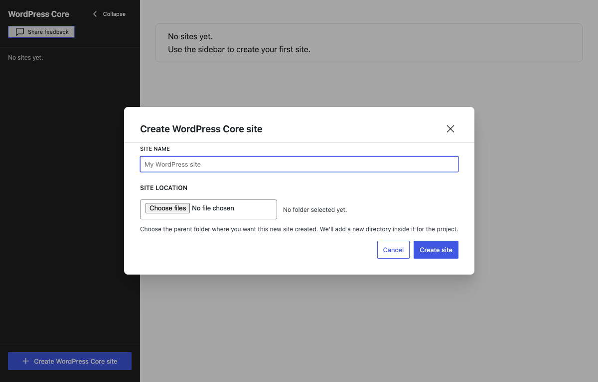 The Create WordPress Core site dialog, with a Site name text field and a Site location folder picker