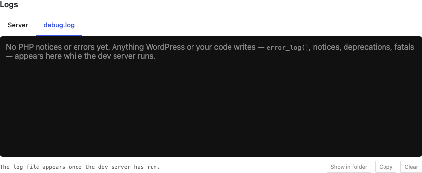 The debug.log tab showing PHP notices