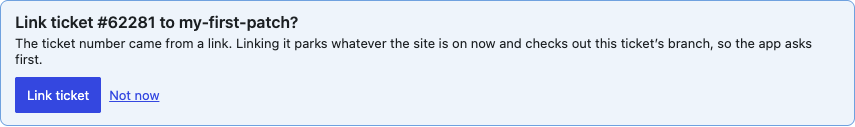 The question a link raises above the Trac ticket panel: Link ticket #62281 to my-first-patch?, with Link ticket and Not now