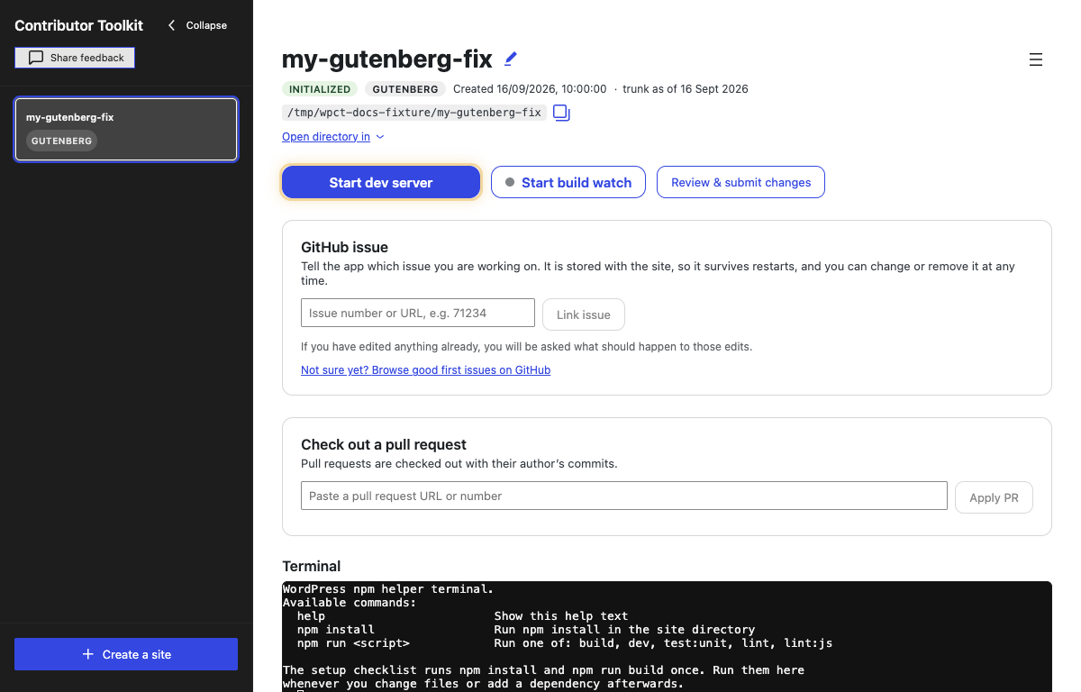 A Gutenberg site ready for work, with its project tag, GitHub issue card and pull-request checkout card