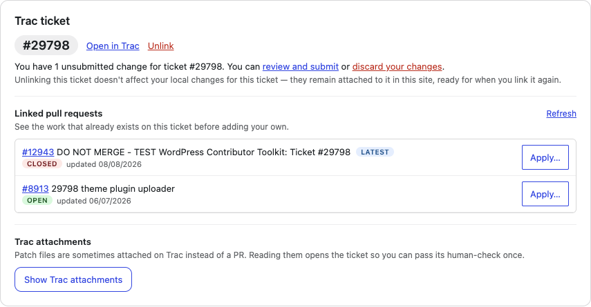 The Trac ticket panel with two linked pull requests, one carrying a red CLOSED pill and one a green OPEN pill