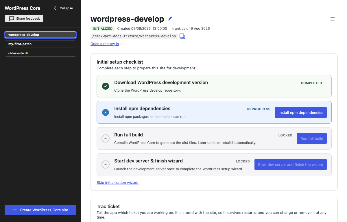 The Initial setup checklist showing four steps: download, install npm dependencies, run full build, and start dev server