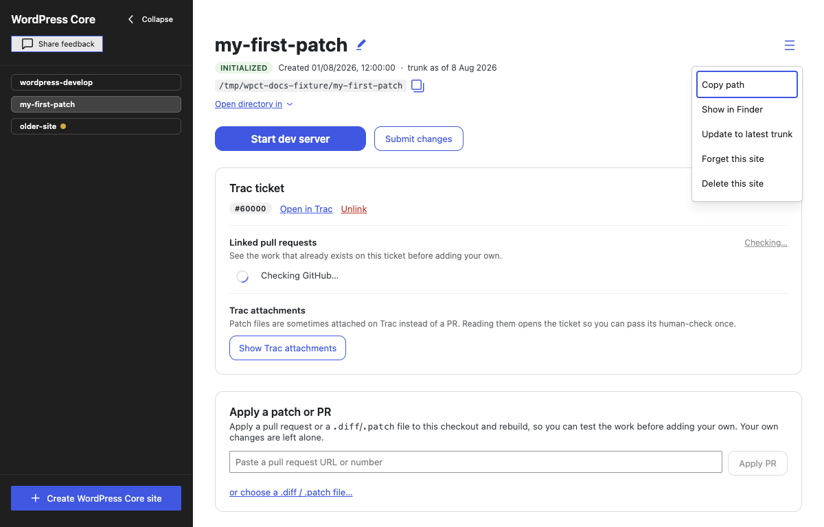 The site header with the More menu open