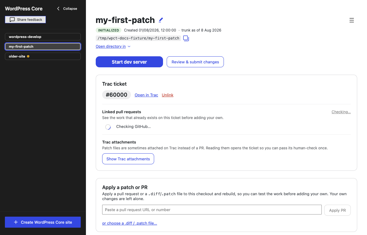 A site ready for work: Start dev server, Review & submit changes, the Trac ticket panel and the patch panel