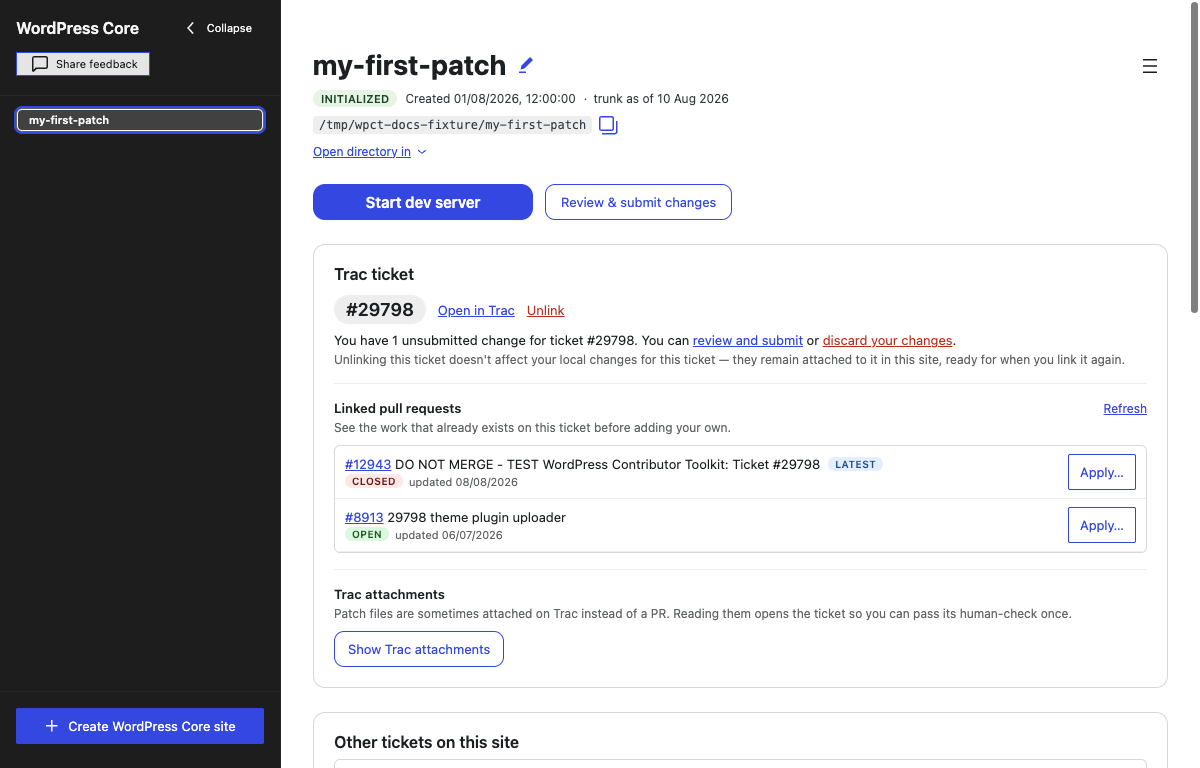A site with two tickets: the Trac ticket card for the one in hand, and an Other tickets on this site card under it