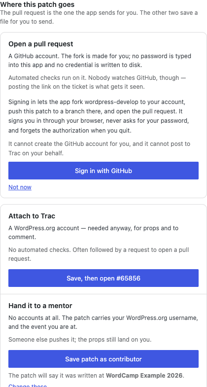 The submission screen: the diff first, with the GitHub pull request, Trac attachment and mentor-handoff destinations beside it