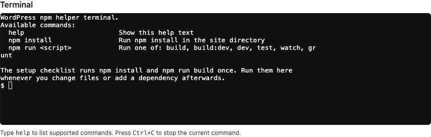 The Terminal panel with the command hints below it