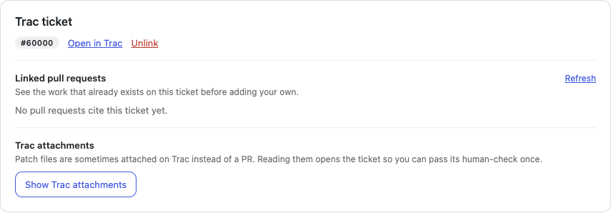 The Trac ticket panel, showing a linked ticket with its linked pull requests and Trac attachments