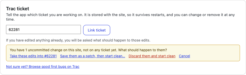 The question panel: "You have 1 uncommitted change on this site, not on any ticket yet. What should happen to them?" with four choices