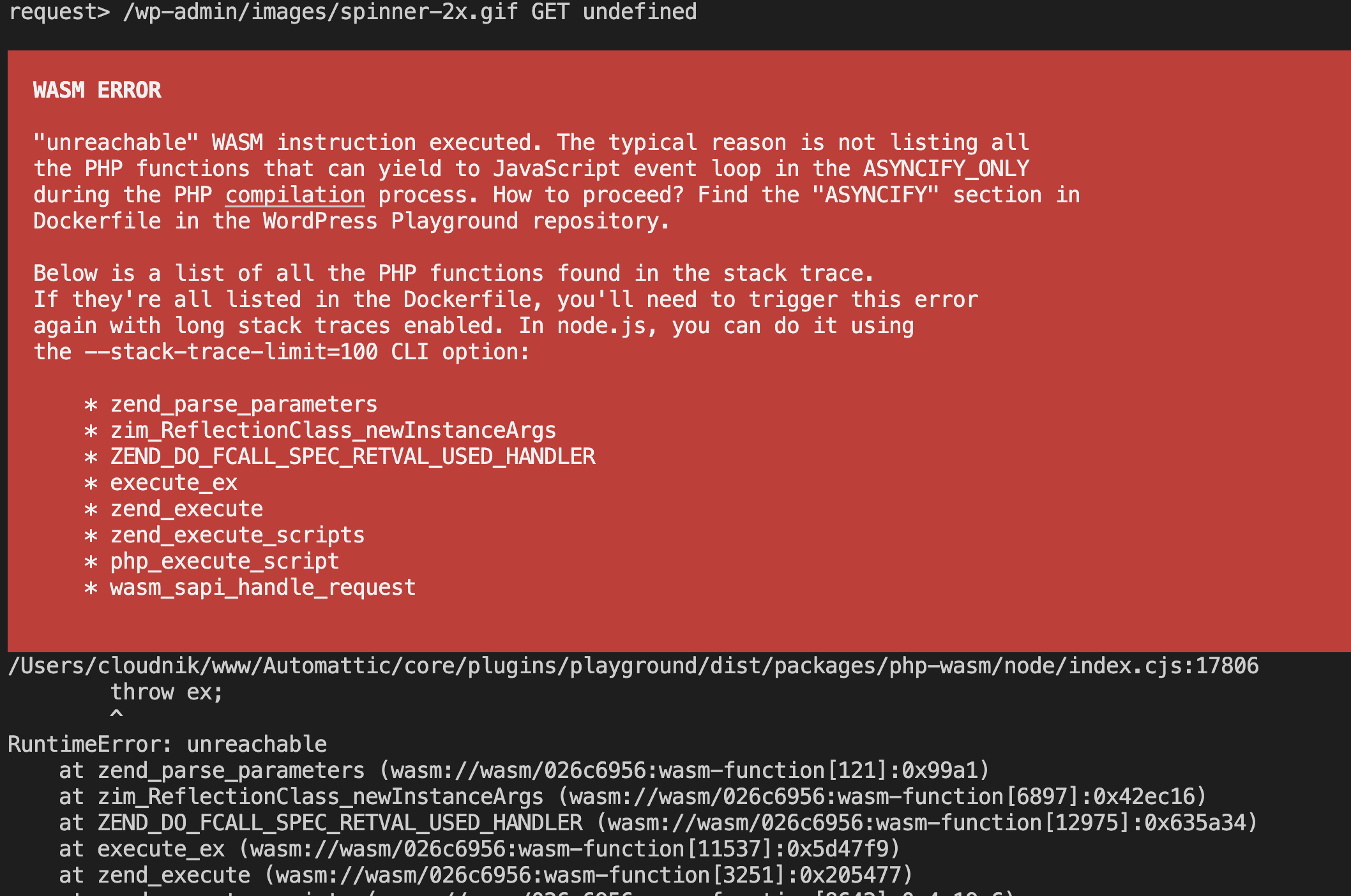 A screenshot of an asyncify error in the terminal