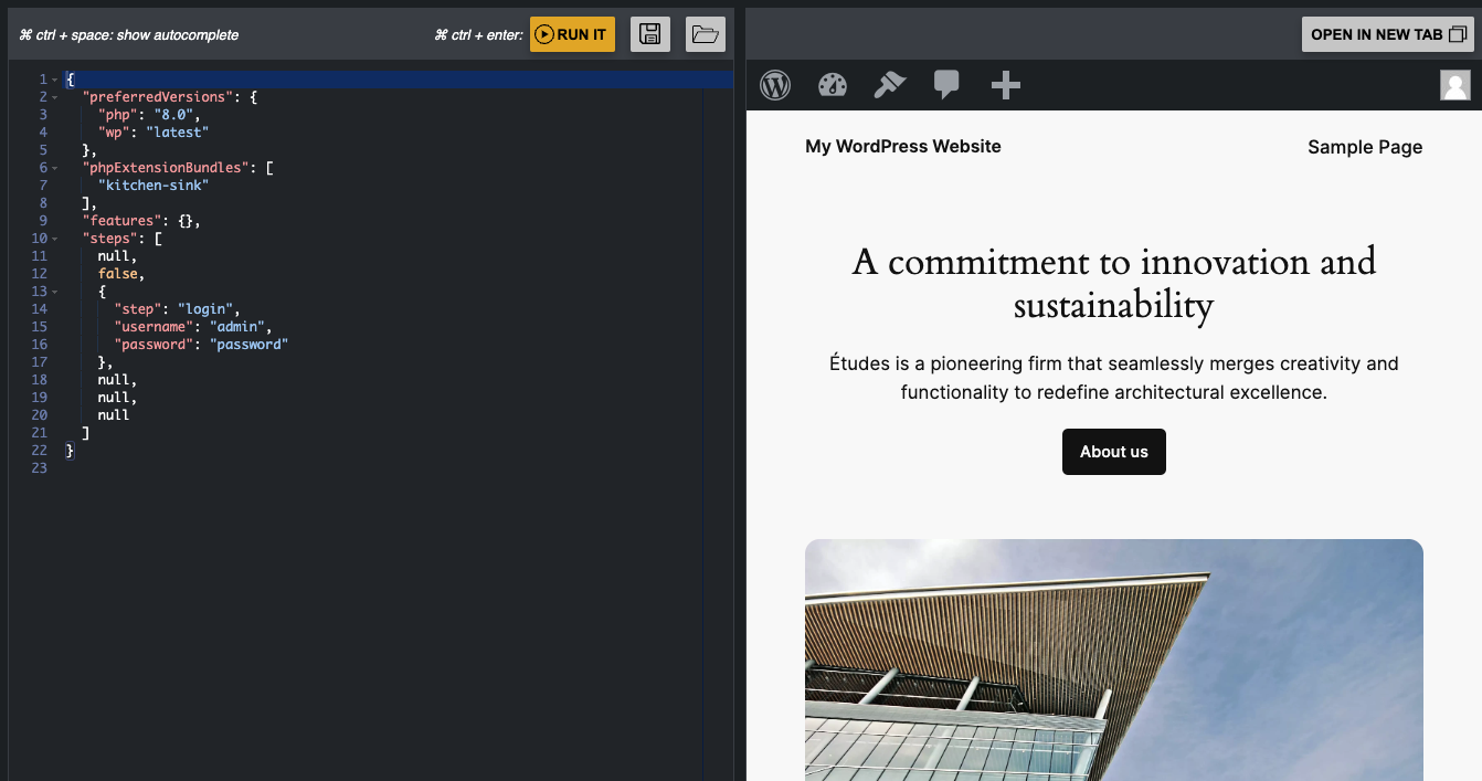 snapshot of Builder mode of WordPress Playground