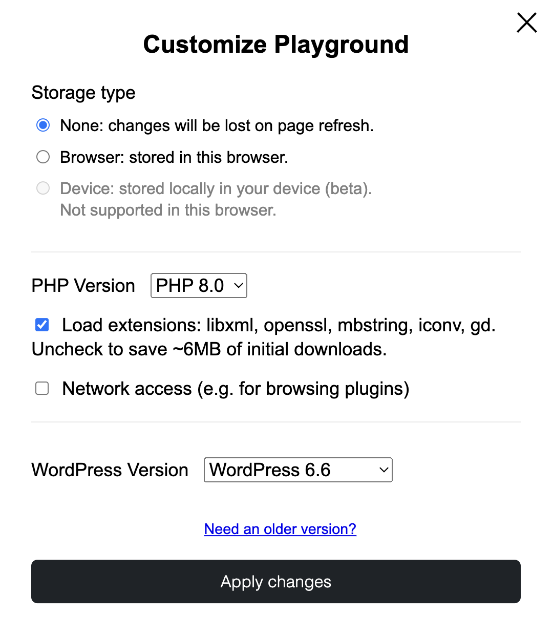 snapshot of customize playground window at playground instance