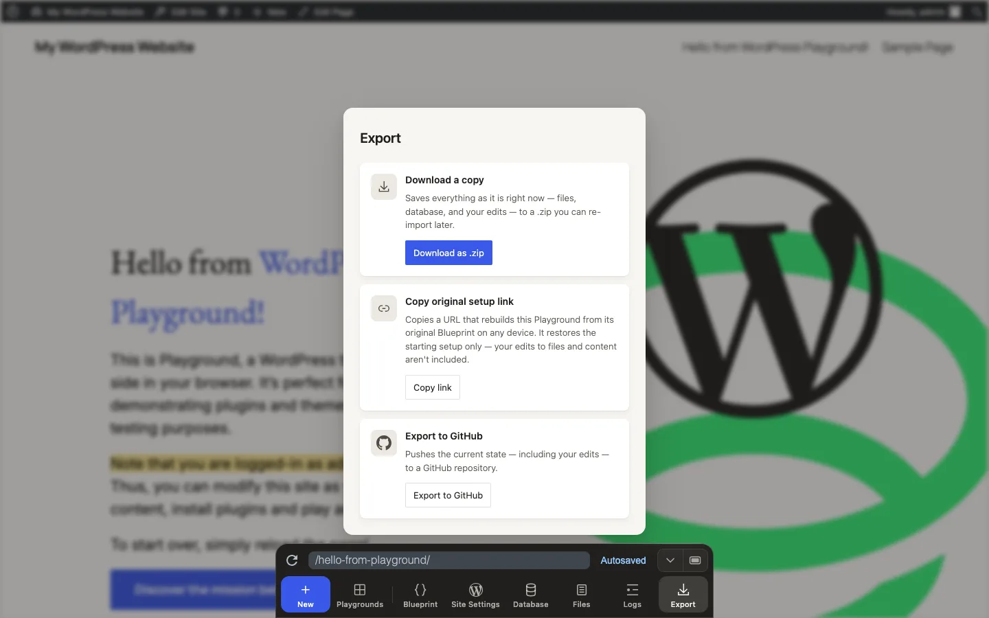 Export options in the Dock