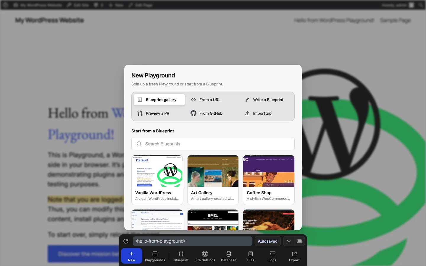 The New Playground pane with the Blueprint gallery selected