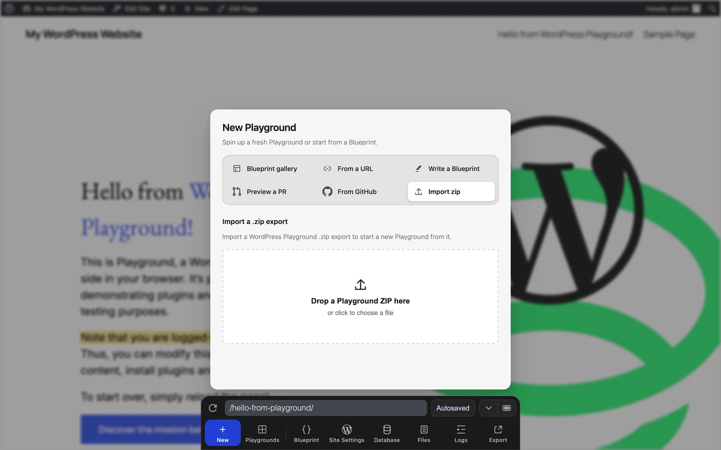 The New Playground pane with Import zip selected
