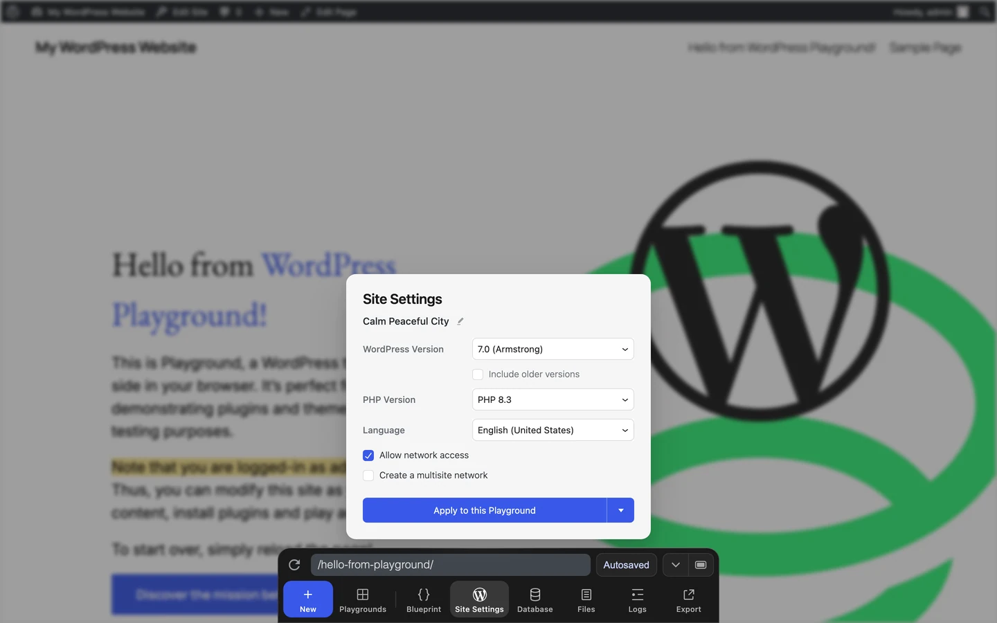 The Site Settings pane