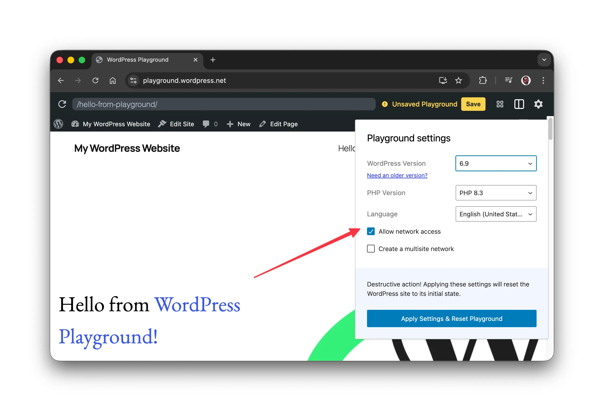 snapshot of customize Playground window at Playground instance