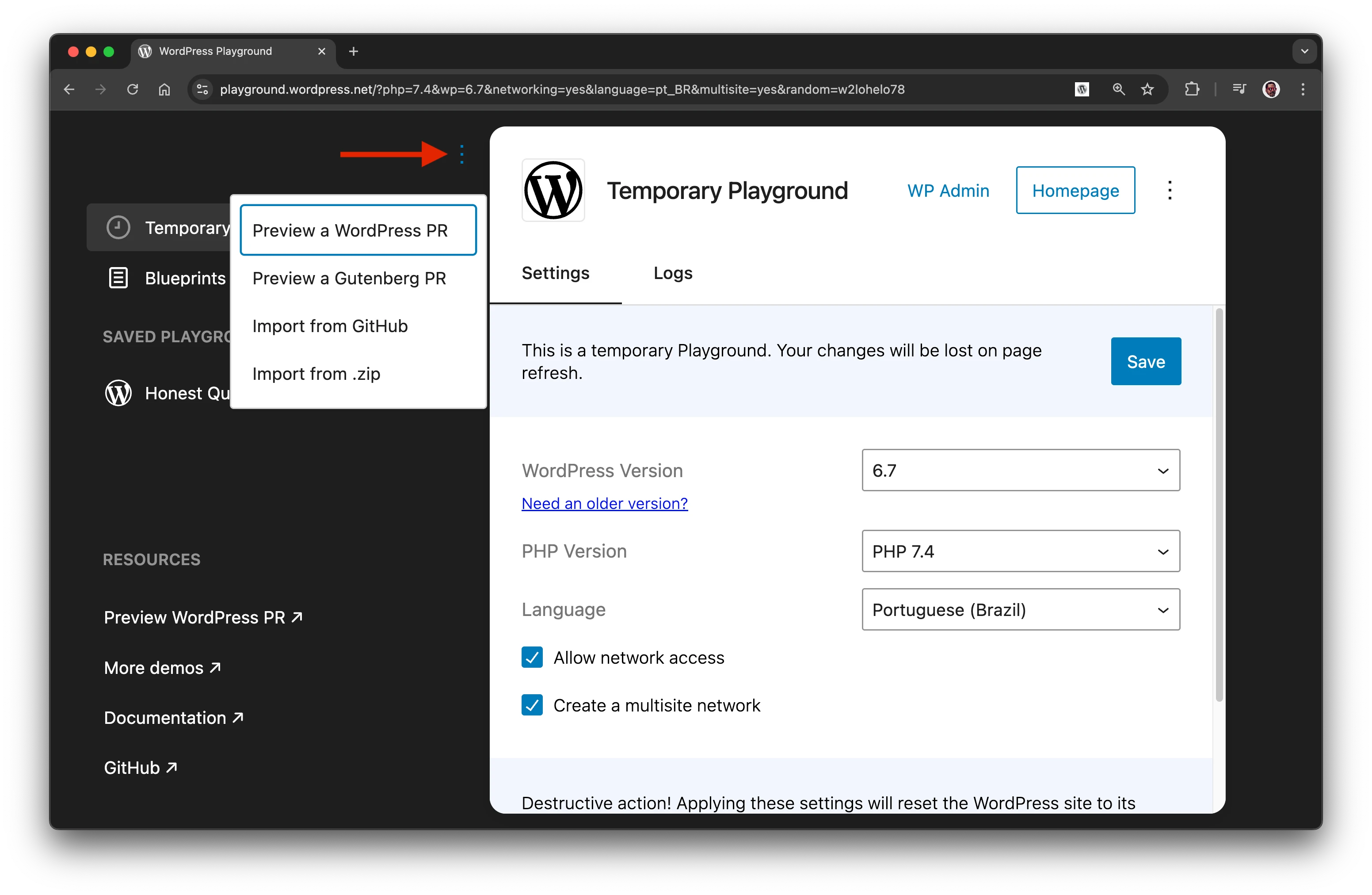 ইম্পোর্ট অ্যাকশন মেনু