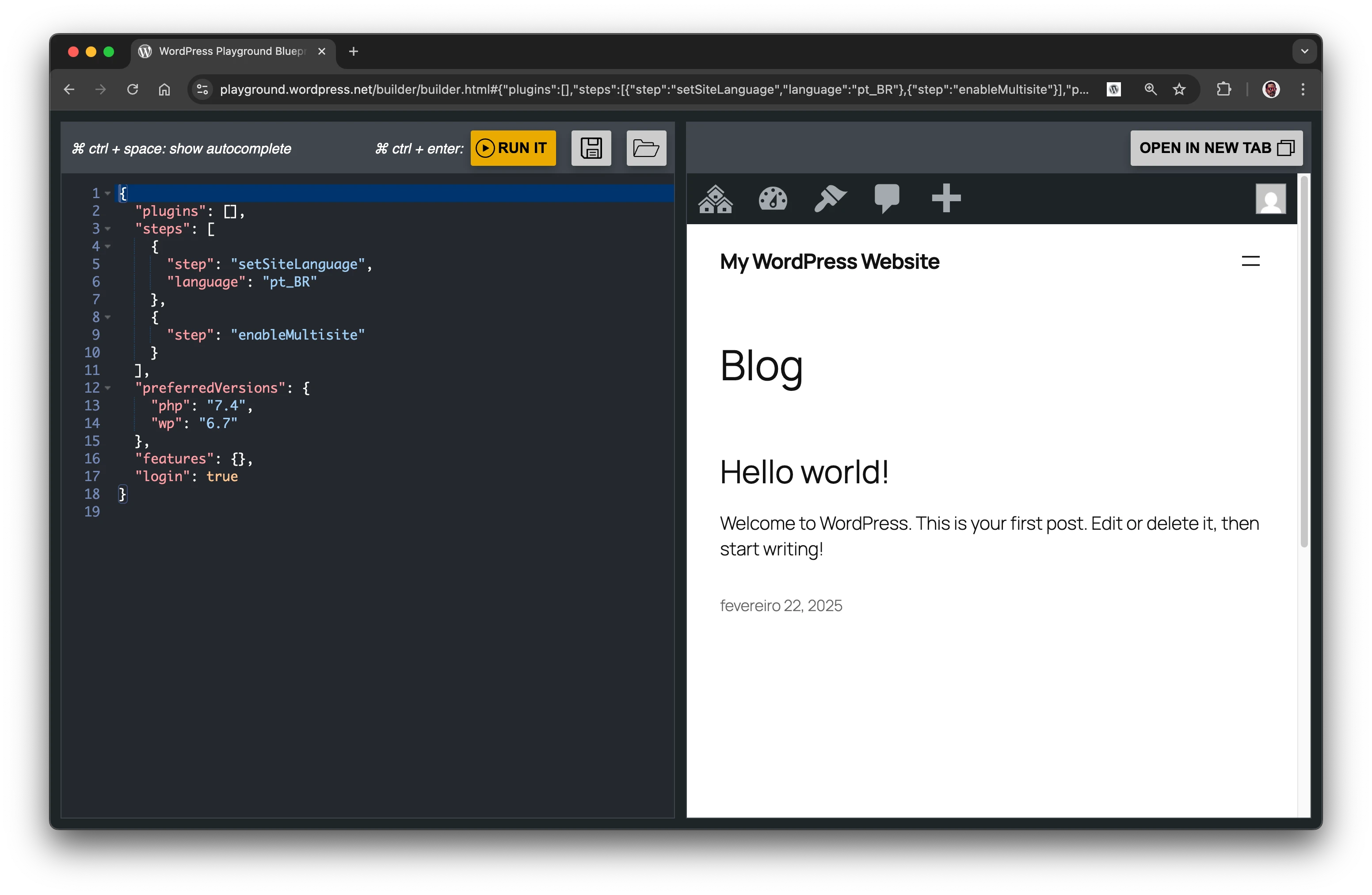 snapshot of Builder mode of WordPress Playground