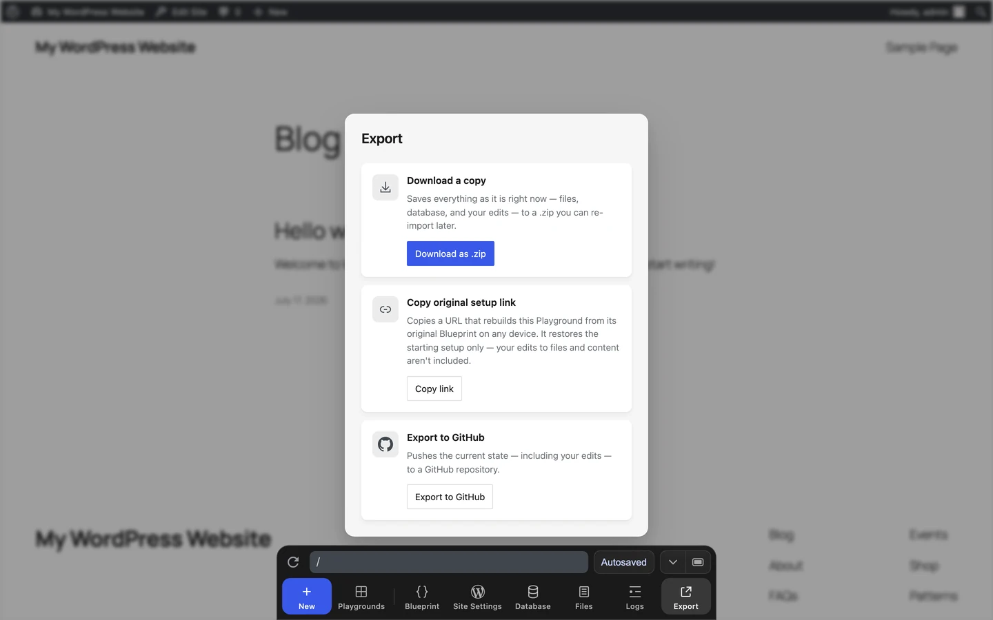 The Export pane
