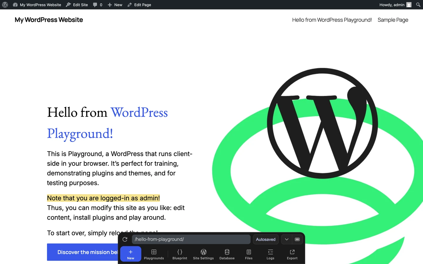 The Playground web instance with the Dock visible at the bottom of the page