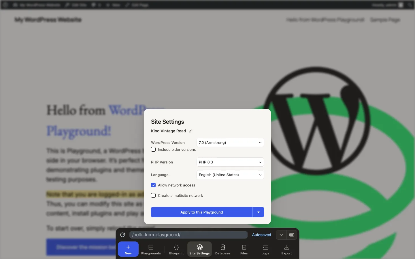 Site Settings in the Dock