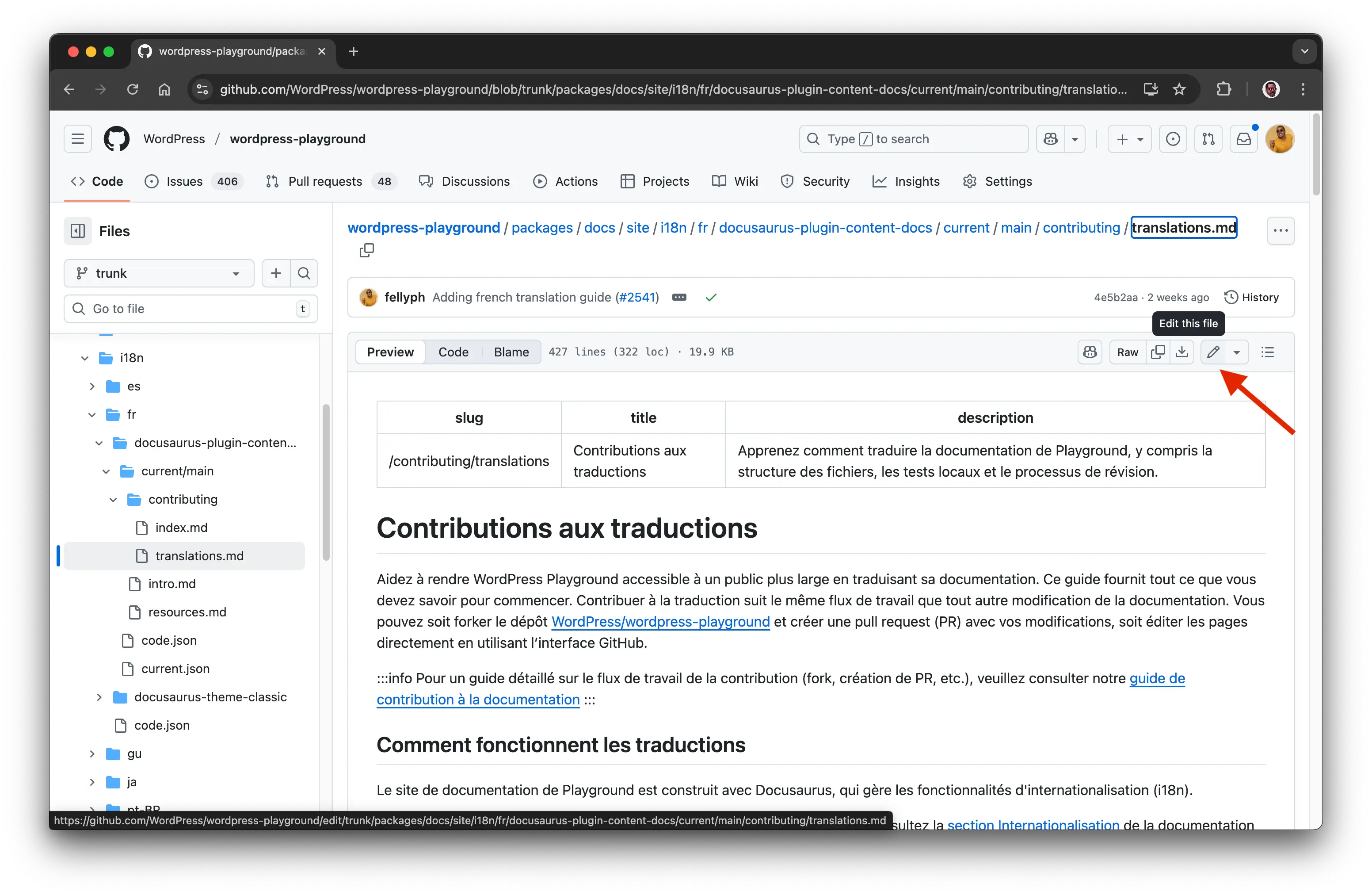 Editing a documentation file in GitHub