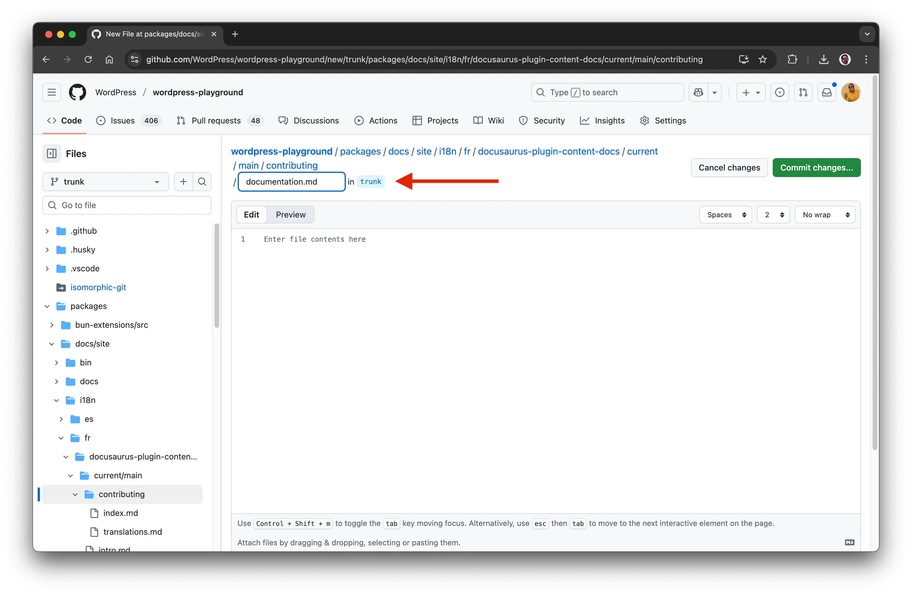Editing content in the GitHub web editor
