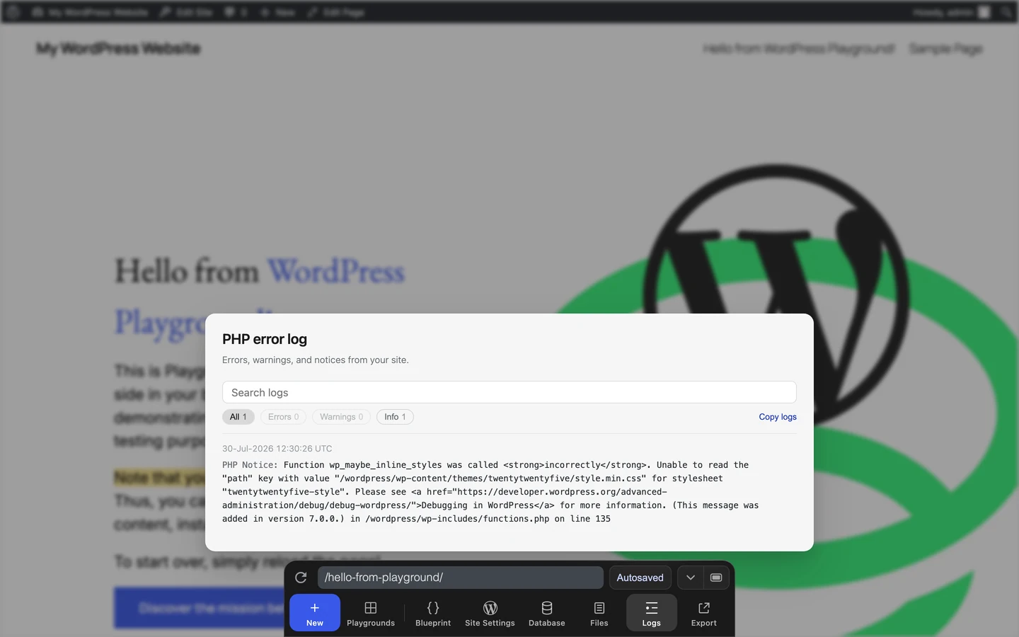 The PHP error log pane