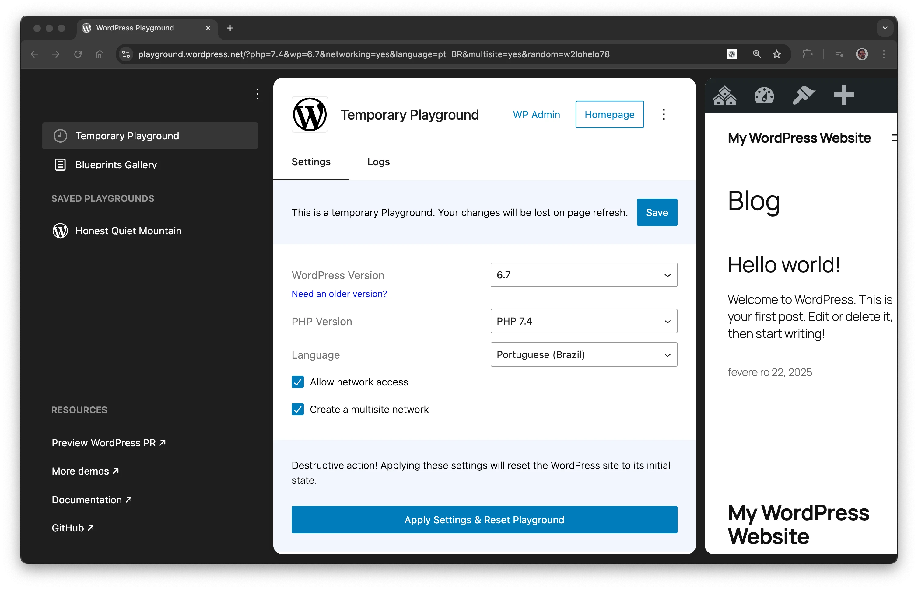 Playground settings panel allow users to manage multiple instances