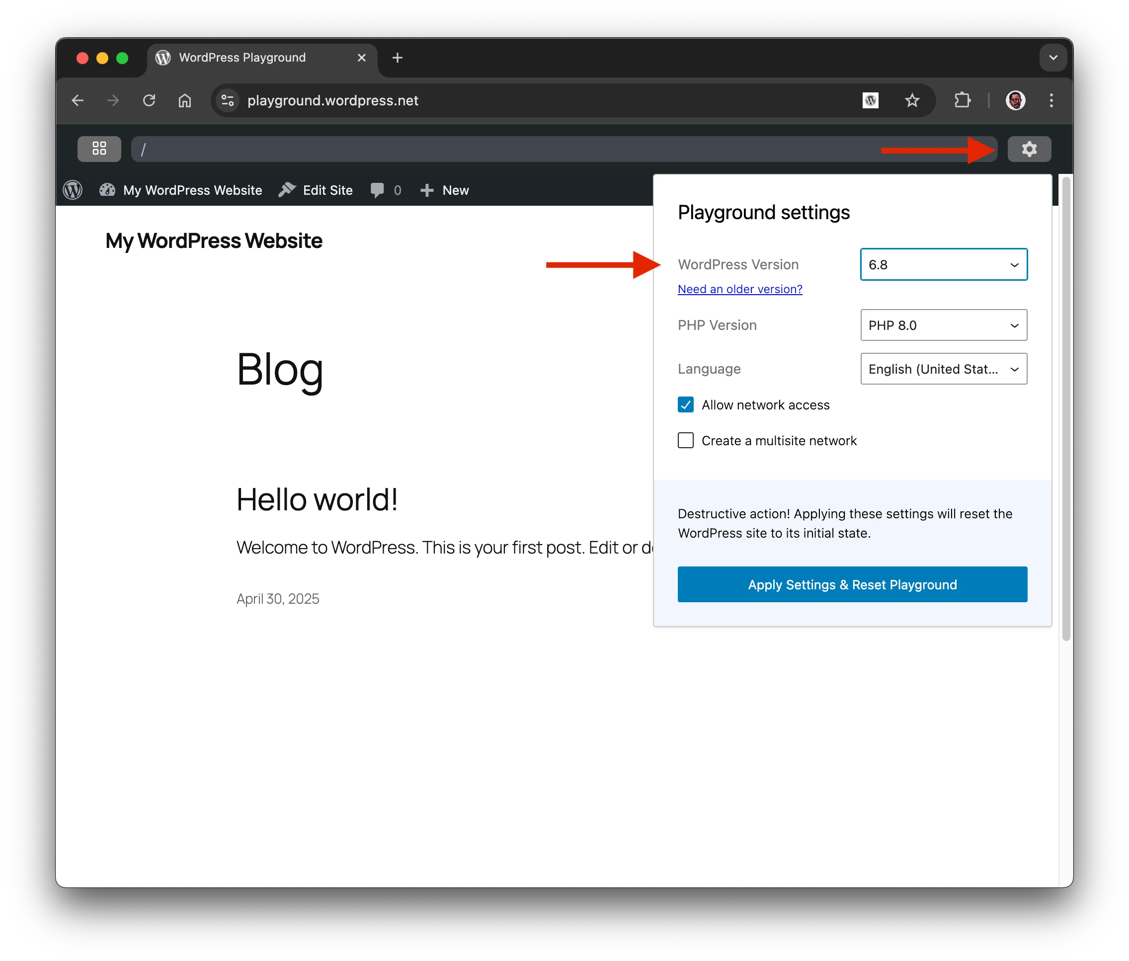 WordPress Playground Settings menu