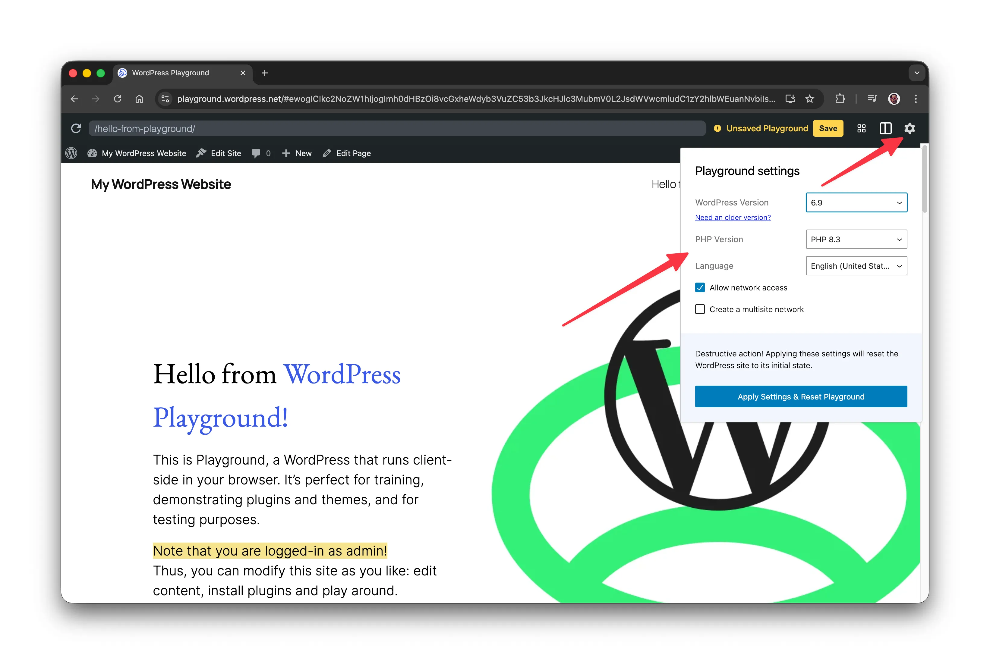 menu Paramètres de WordPress Playground