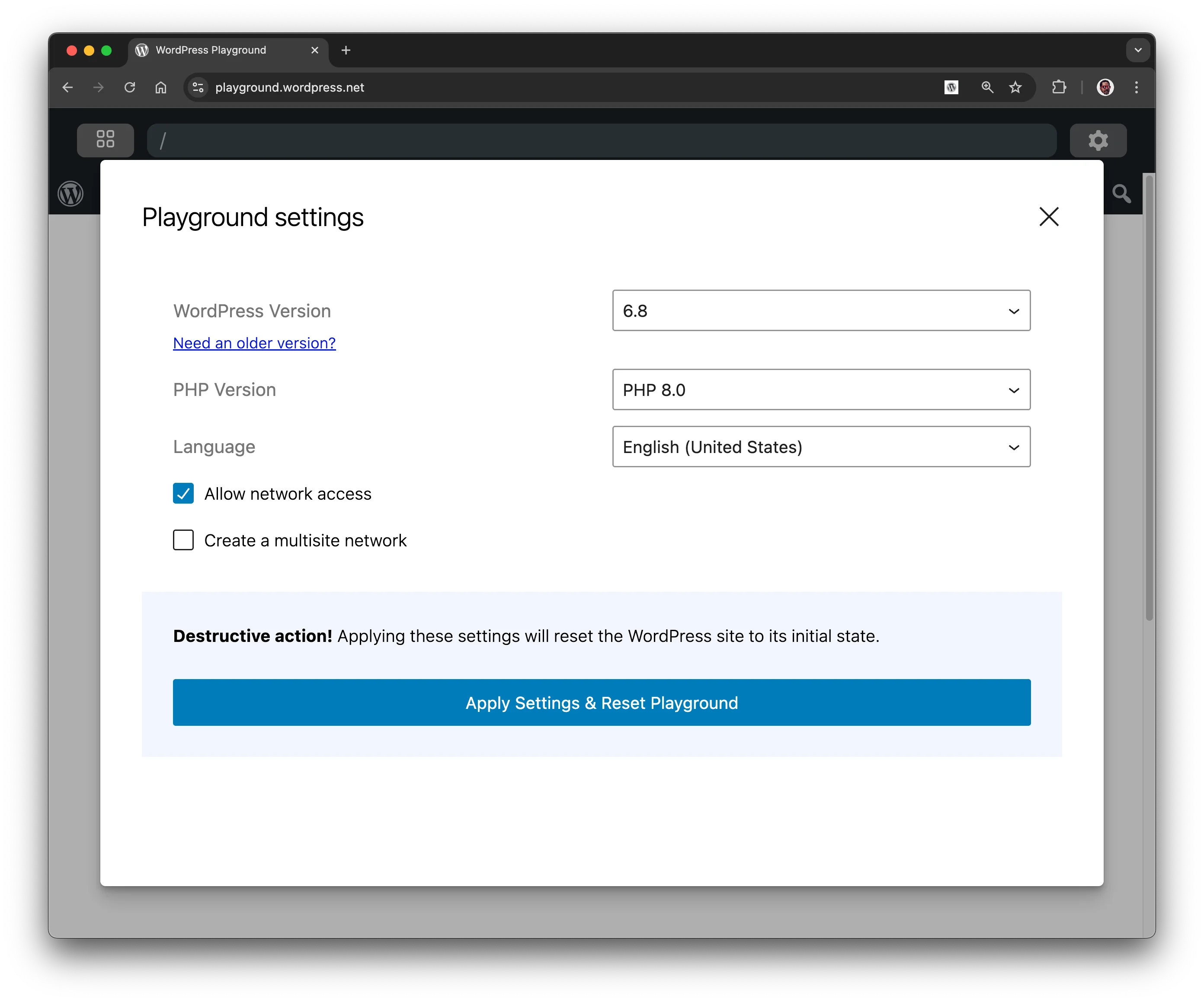 snapshot of customize Playground window at Playground instance