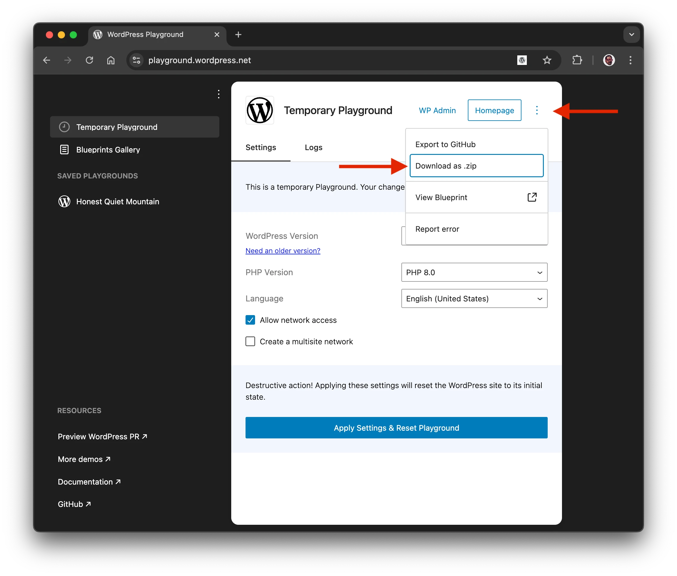 Export button