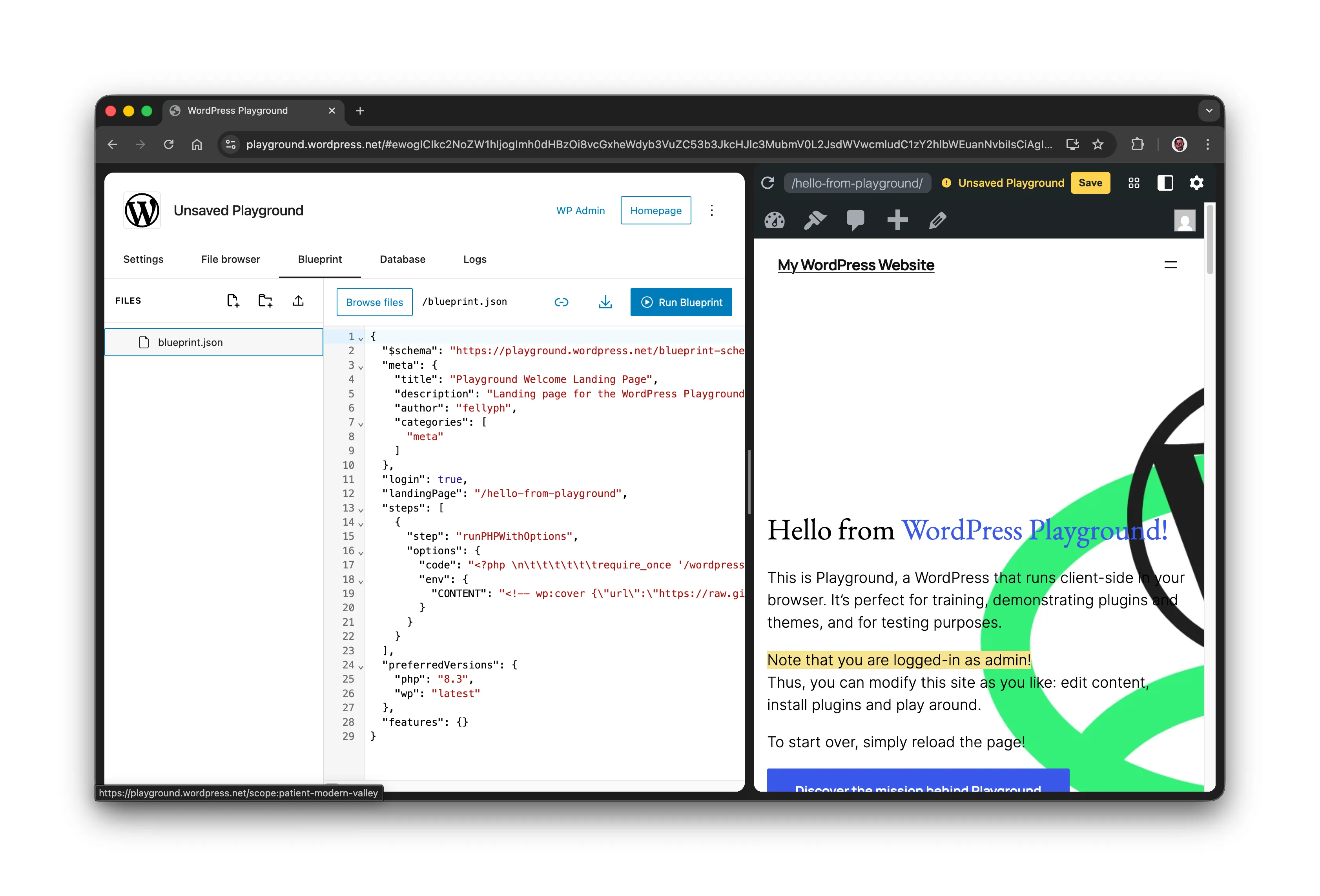 Blueprint editor WordPress Playground