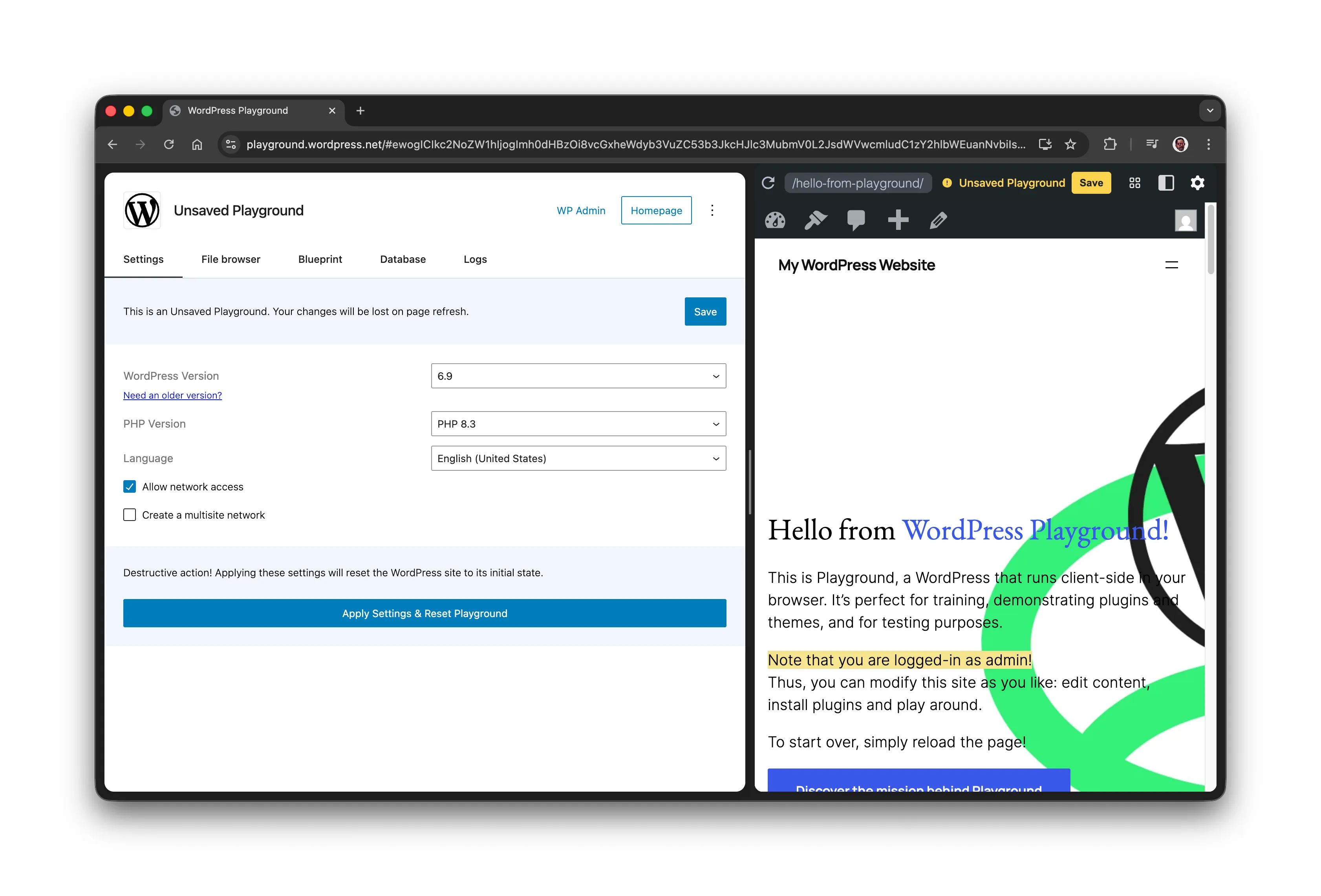 Playground settings panel allow users to save export and edit the WordPress directly