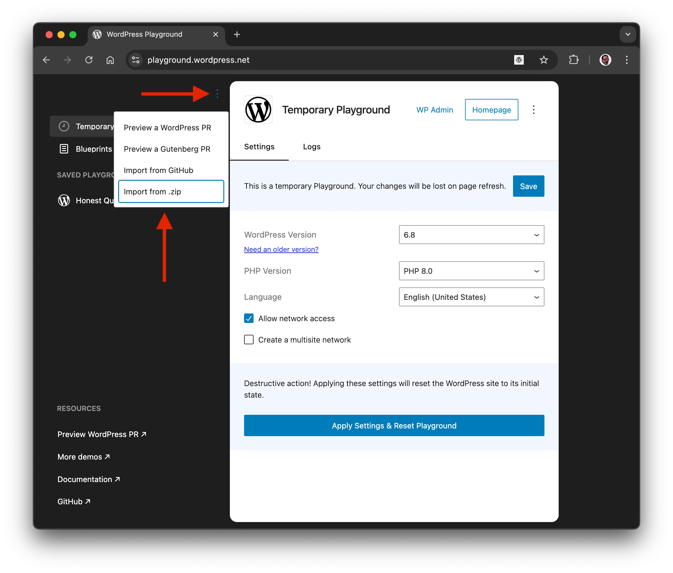 Botão de importação de .zip